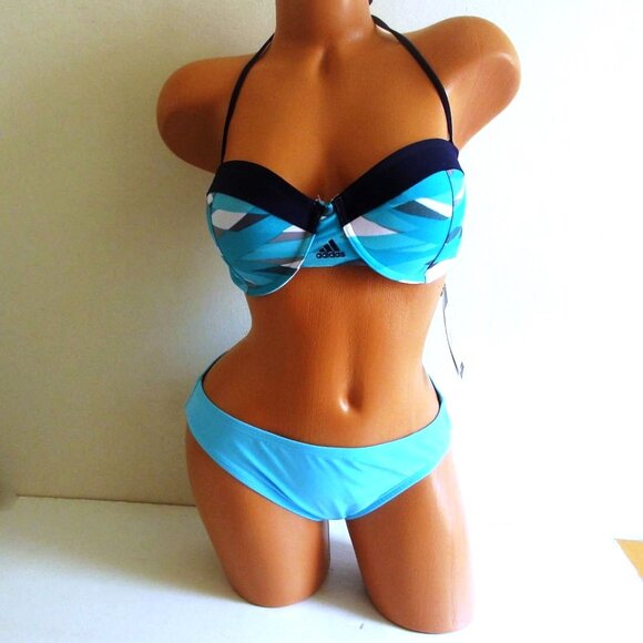 XL-L Adidas Swim Bandeau Top Bikini Set Hipster Bottom Blue Logo Overlay Stripe - Picture 2 of 11